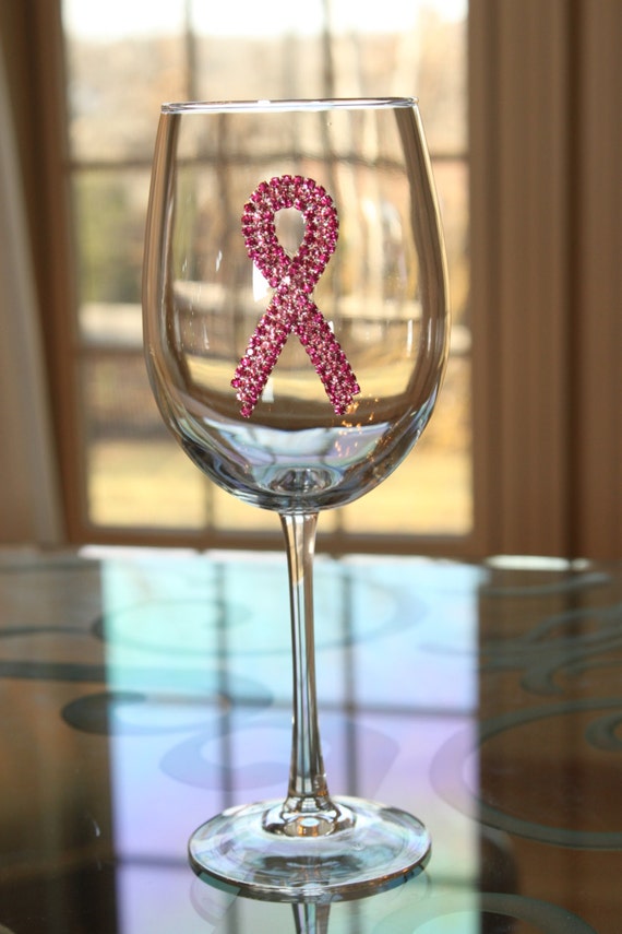 Breast Cancer Ribbon Wine Glass by JeweledWineGlasses on Etsy