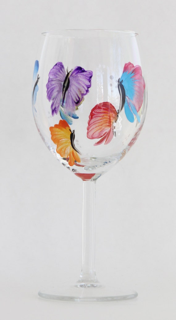Hand Painted Wine Glasses Butterflies Pair