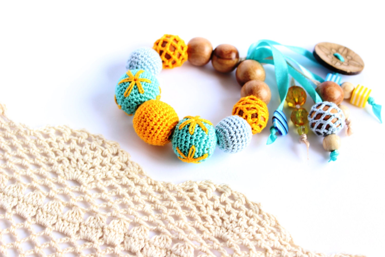 Crochet Baby Teether Wooden teething bracelet Natural