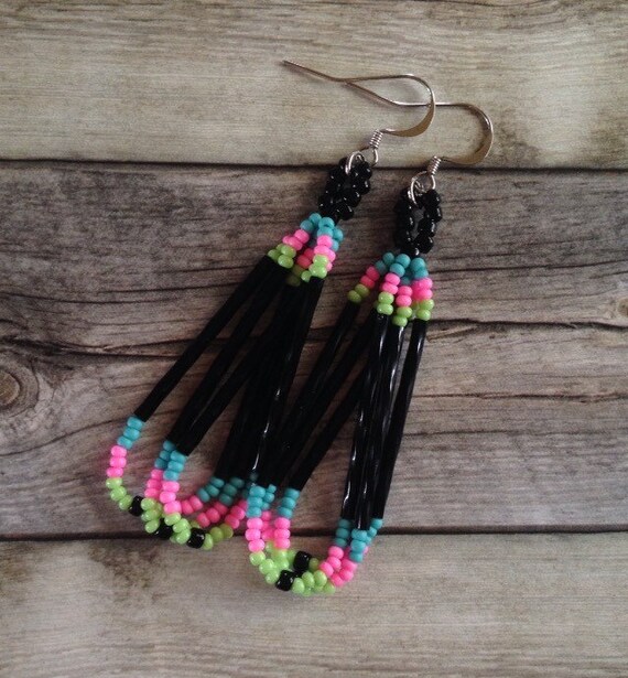 Neon Long Beaded Earrings Handmade Long Dangly by BeadedThread