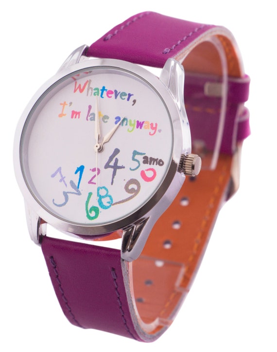 Purple Girl's Watch, Leather Wristwatch, Falling Numbers Watch