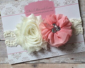 Baby Girl Headband, Lace Baby Headband, Newborn Headband, Ivory, Pink Headband, Hair Accessory, Toddler Headband, Baby shower gift