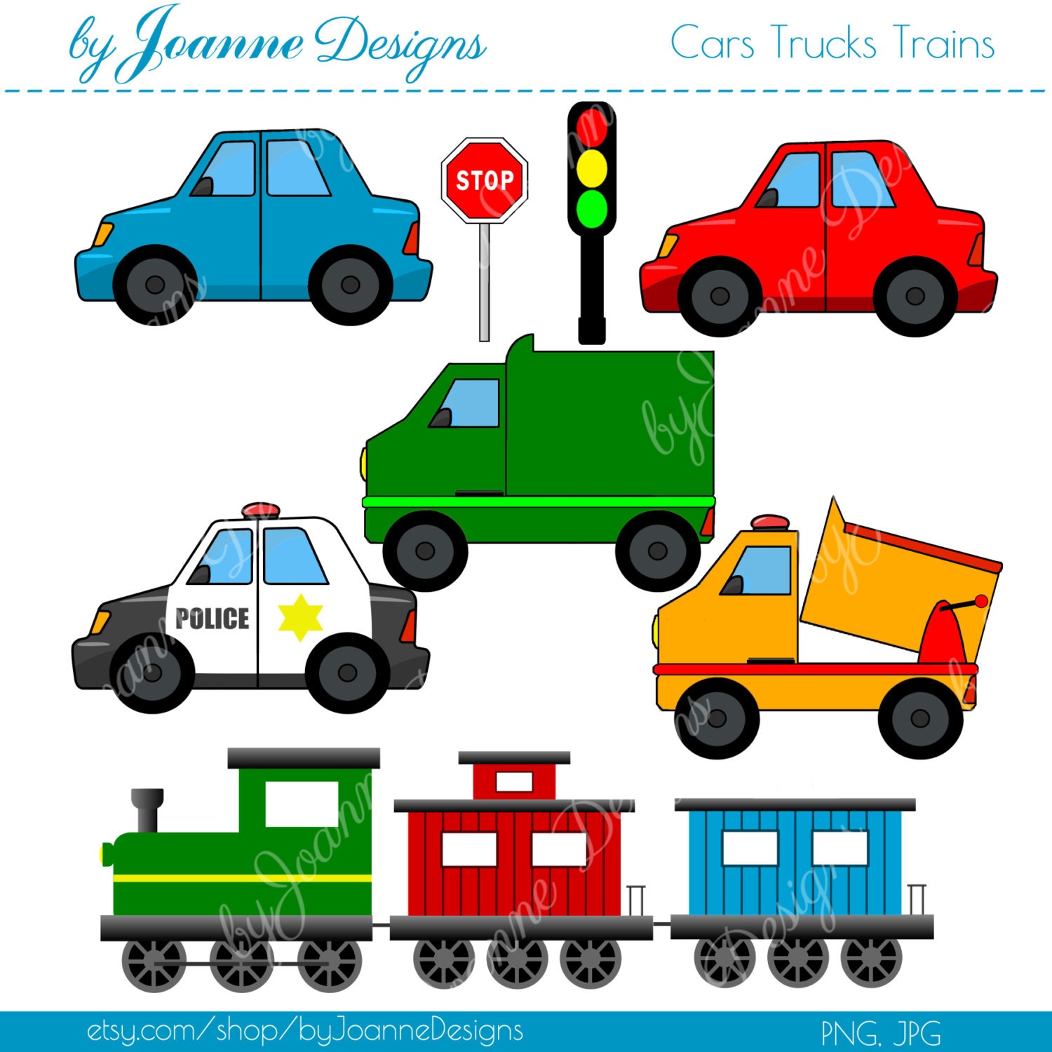 Cars Trucks Trains Boys Colorful Digital Clip Art Commercial