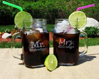 Set of 2 Personalized Wedding Mason Jars- Wedding Gift- Bridal Shower - Mothers Gift
