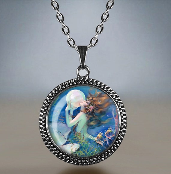 Mermaid Necklace Mermaid With Pearl Glass Cameo Pendant