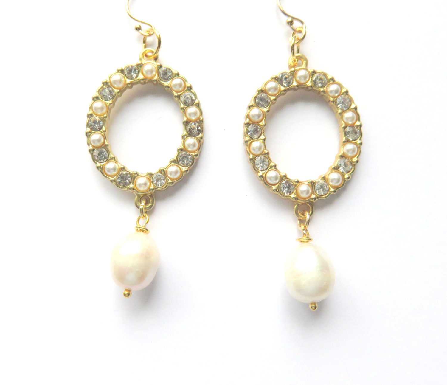 White Pearl Oval Earrings. Gold Rhinestone Hoop Earrings