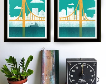 Pittsburgh Art Screenprint - City of Bridges, Diptych Prints 1 & 2 Pittsburgh Prints Silkscreen Wall Art and Wall Decor Bridge Art