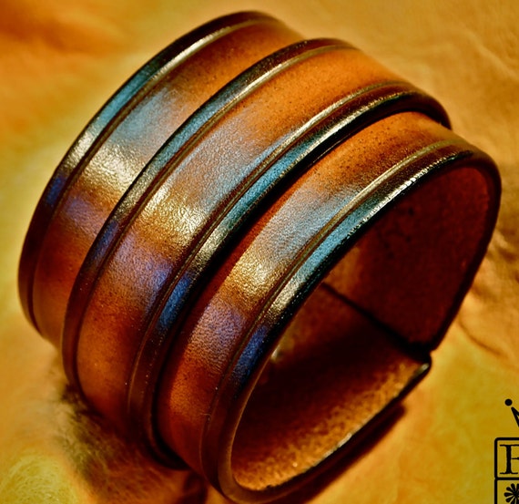 Leather cuff bracelet Sunburst vintage finish wristband Handmade for YOU in NYC by Freddie Matara