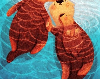 Otter Art Print, Sea otters, Otter Love - "Three of us"