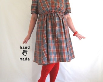 Plaid Persuasion Dress - plus size, size 22 / 2X, one of a kind, empire waist, fit and flare, steel gray, red -- 49B-46W-70H