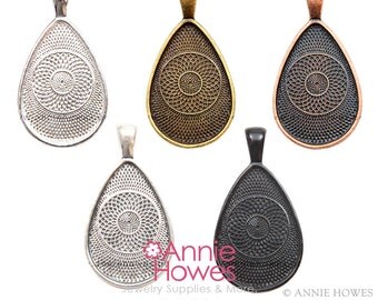 Pendant trays teardrop bezel cabochon cameo mounting settings trays. 5 Colors Silver, Vintage Silver, Gold