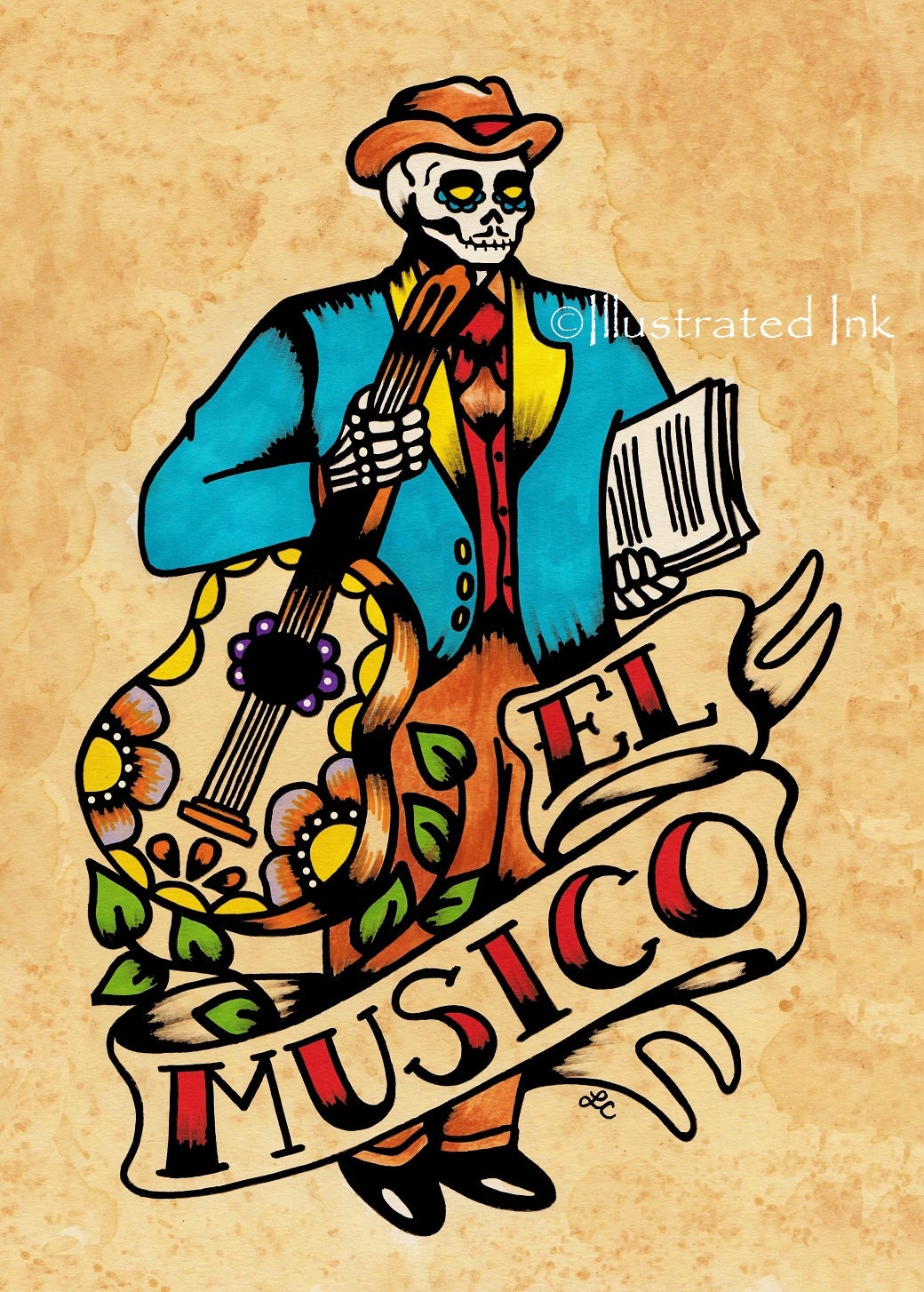 Day Of The Dead EL MUSICO Tattoo Art Loteria Print 5 X 7 8 X