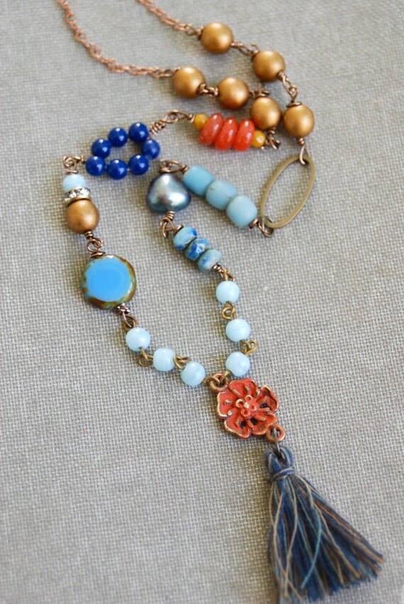 Blue Bohemian Beaded Long Tassel Necklace Tiedupmemories 