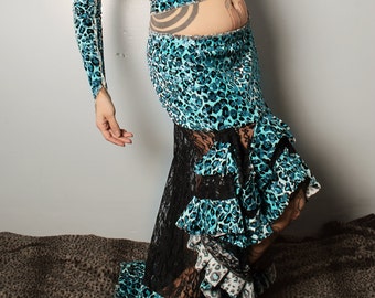 Leopard Print Velvet Fingerless Gloves- blue glitter, Tribal Fusion Belly Dance, long arm warmers, Gothic vampire