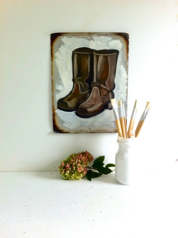 Original Oil Painting of Cowboy Boots on an Old by SiloSprings