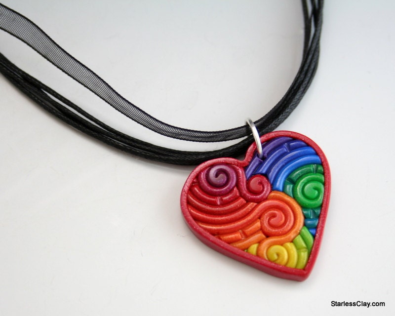 Rainbow Heart Pendant in Polymer Clay Filigree