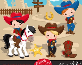 Cowboy Clipart. Wild West Cute Cowboy Clipart- Red & Blue. Cowboy boots, sheriff, horses, cowboy graphics, lasso, commercial, cactus, art