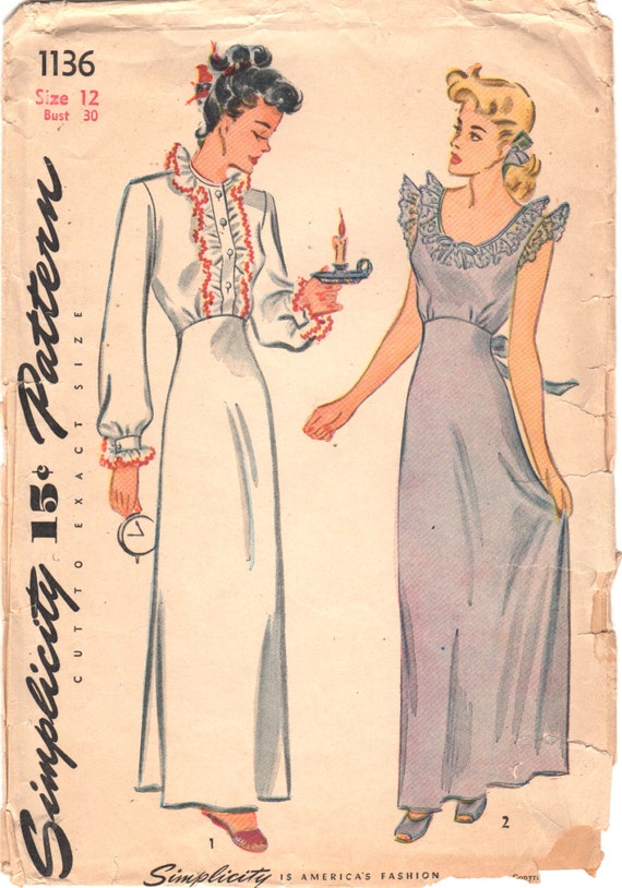 Simplicity 1136 1940s Ladies Lingerie Pattern Misses Nightgown Negligee Pattern Womens Vintage Sewing Pattern Size 12 Bust 30