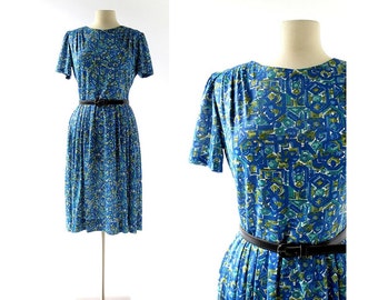 Vintage 50s Dress | Etruscan Villa Dress | 1950s Blue Dress | Large L