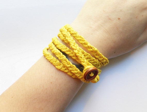Boho Hemp Wrap Bracelet in Yellow. 