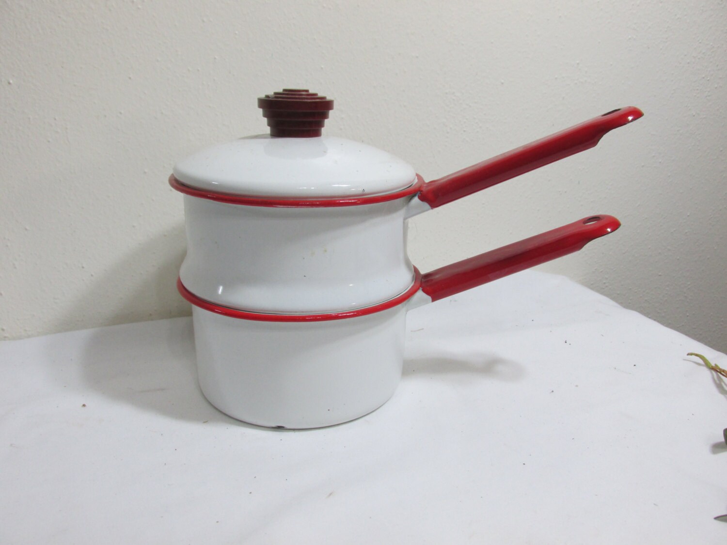 Enamel Double Boiler White and Red by LuRuUniques on Etsy