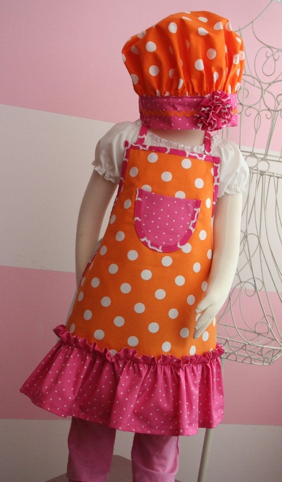 Girls Apron and Chef's Hat Girls Apron Set Orange by KitchenGlam
