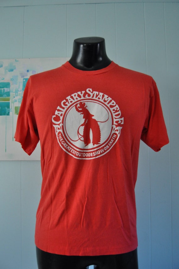 Vintage Calgary Stampede Tee TShirt Soft Thin Red White Canada