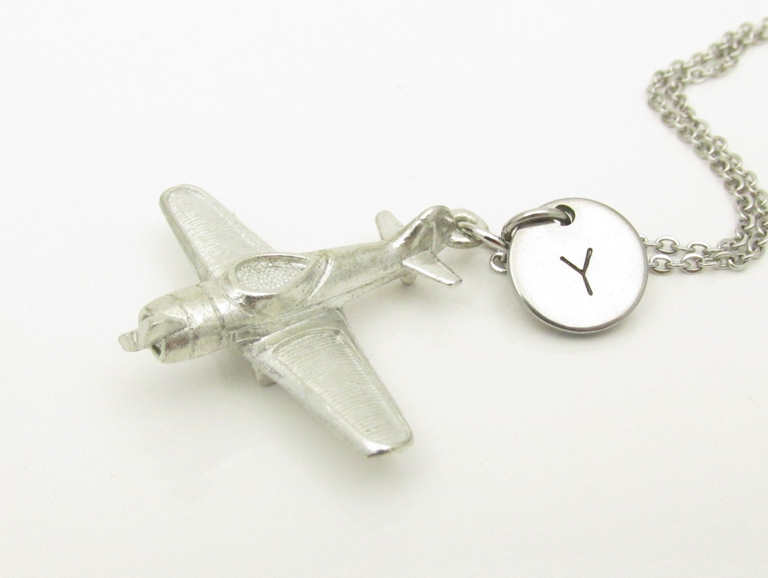 Airplane Necklace Silver Propeller Plane Charm Initial
