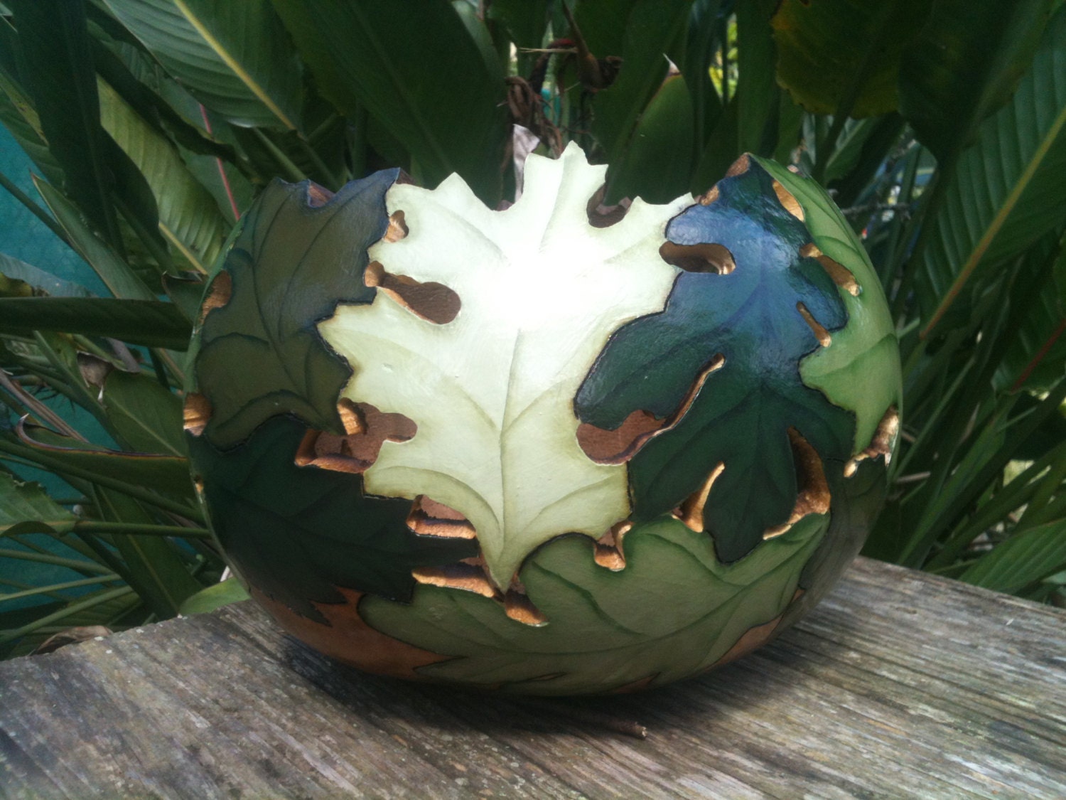 Hand Painted Woodburned Large Gourd Bowl Green By NatsKreations