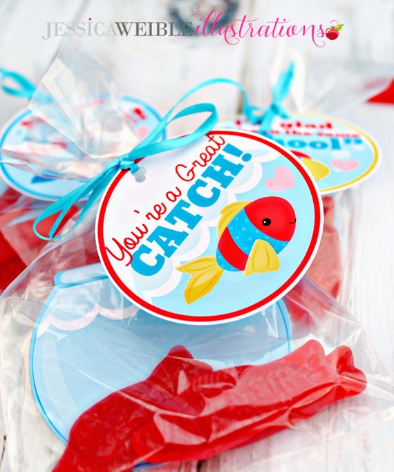 Valentine Fish Printable Party Tags - Cupake Toppers - Printable Fish Valentines Day Party Favors - Same School Fish Valentine Printables Il_570xn