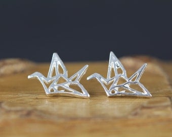 Sterling Silver Origami Paper Crane Earrings - Origami Post Earrings - 925 Sterling Silver Paper Crane Studs - Good Luck Jewelry