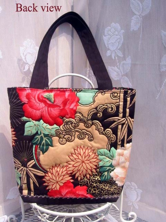 Quilt Asian Floral Tote Bag Purse with Magnetic Snap closure