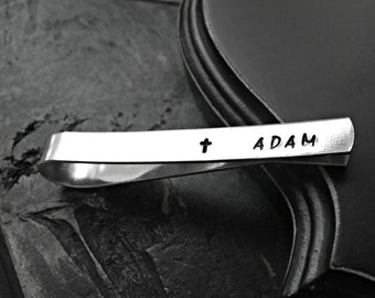 Personalized Tie Clip - Hand Stamped Tie Clip - Mens Tie Clip - Cross Tie Clip - Aluminum Tie Clip - Groomsmens Tie Clip