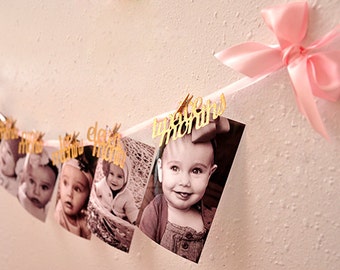 Pink and Gold First Birthday Decorations. Handcrafted in 2-3 Business Days. 12 Month Photo Banner. First Birthday Garland.