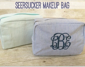 Monogrammed Seersucker Makeup Bag