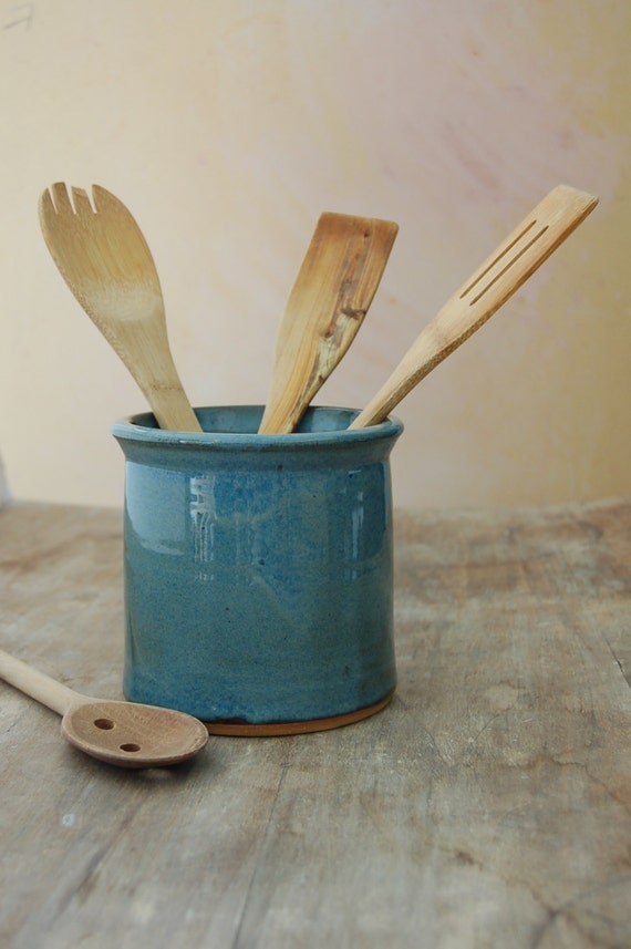 Stoneware Utensil Crock Kitchen Counter Spoon Holder Jar