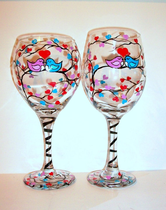 Love Birds Hand Painted Wine Glasses Lovebirds Hand