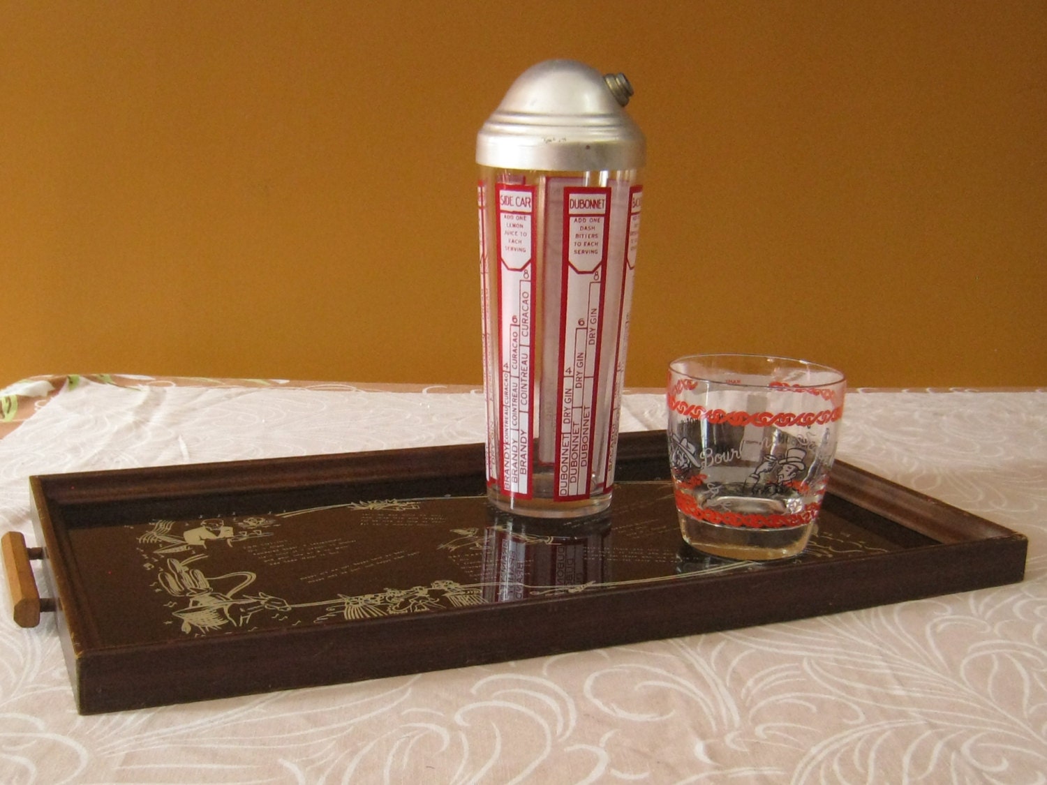 Vintage Glass Cocktail Shaker Set Red and White Mid Century