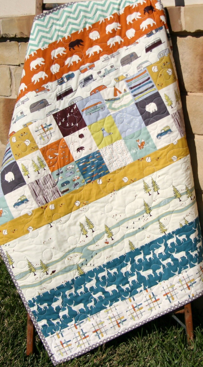 Camping Quilt Modern Stripes Bear Hiking by SunnysideDesigns2