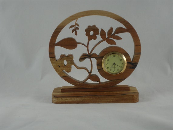 Floral Desk / Shelf Clock Handmade From Spalted Maple Wood With Quartz Clock Insert