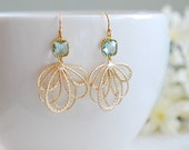 Aqua Blue Dangle Earrings Aquamarine Seafoam Green Gold Filigree Chandelier Earrings Aqua Wedding Bridesmaids Earrings March Birthstone