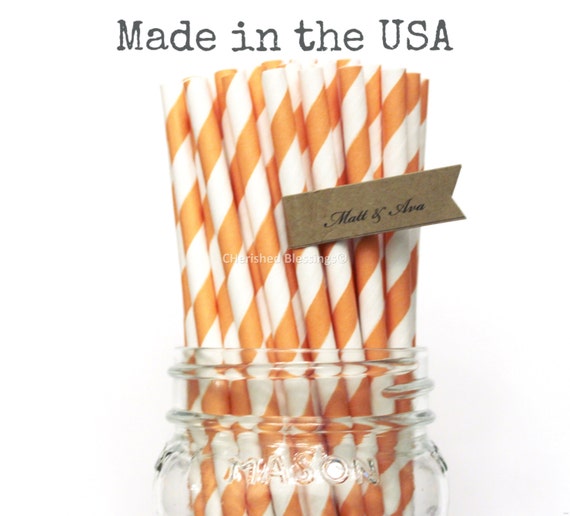 25 Orange Paper Straws, Orange Straws,Striped Straws Cake Pop Sticks Party Supplies Straws, Vintage Wedding, Rustic Baby Shower, Made in USA Il_570xn