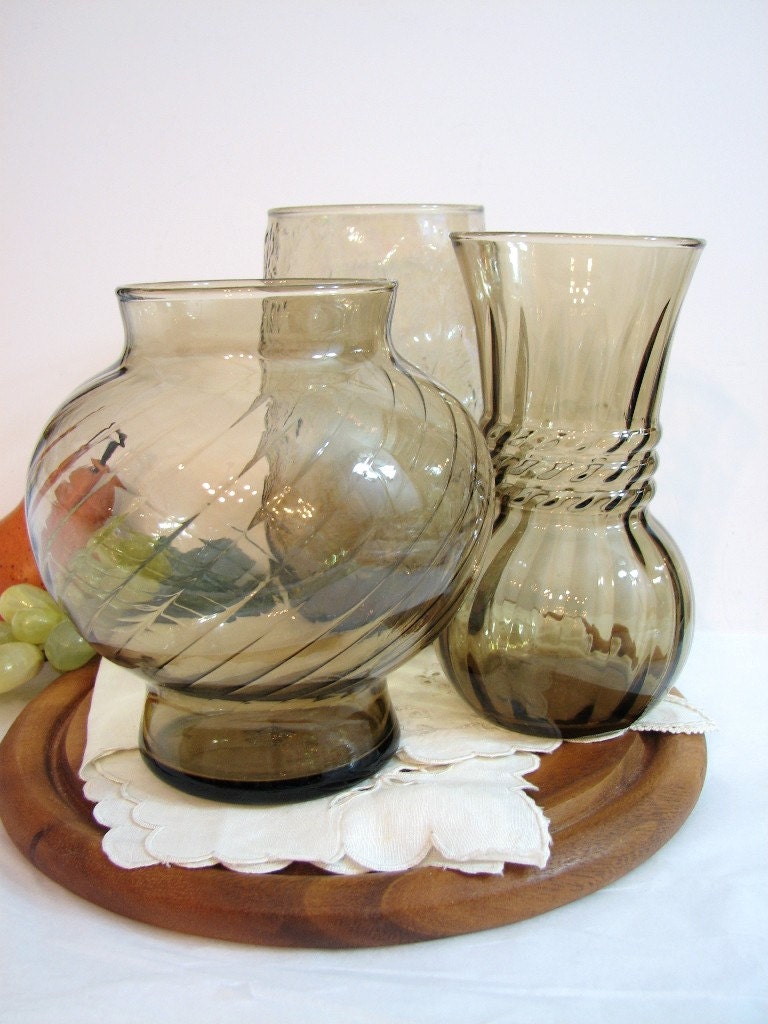 Vintage Smoked Tawny Brown Glass Vases Trio Set of 3