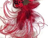 Red Soutache, Peacock With Feathers, Barrette, Headpiece, Statement Accessory, Party Barrette,