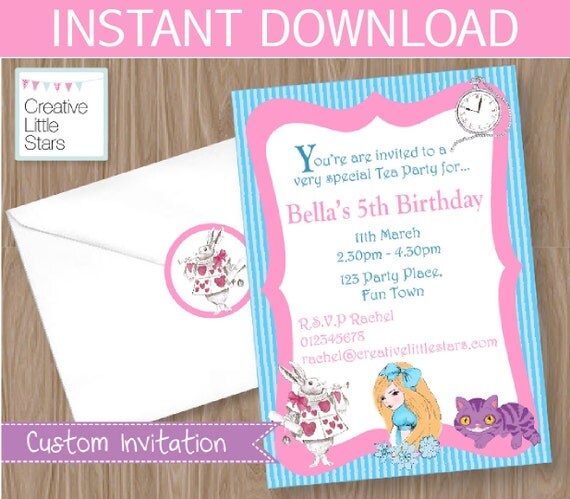 Alice in Wonderland Invitation - Editable 5"x7" Invite and envelope stickers - Instant Download Il_570xn