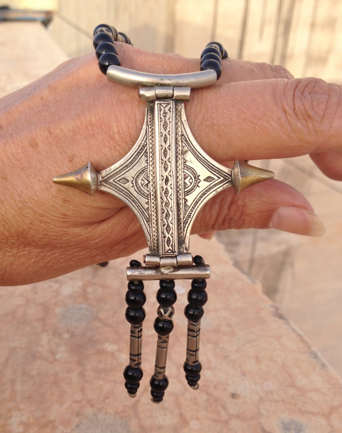 Tuareg Jewelry Rare Tuareg Silver Hinged Pendant with Onyx