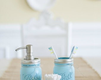 Hand Painted Turquoise Ball Mason Jar Bathroom Set. Toothbrush Holder. House warming Gift. Home Decor. Rustic Home. Wedding Gift. Blue