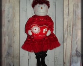 Folk art rag doll snow lady Valentine doll red tinsel HAFAIR OFG