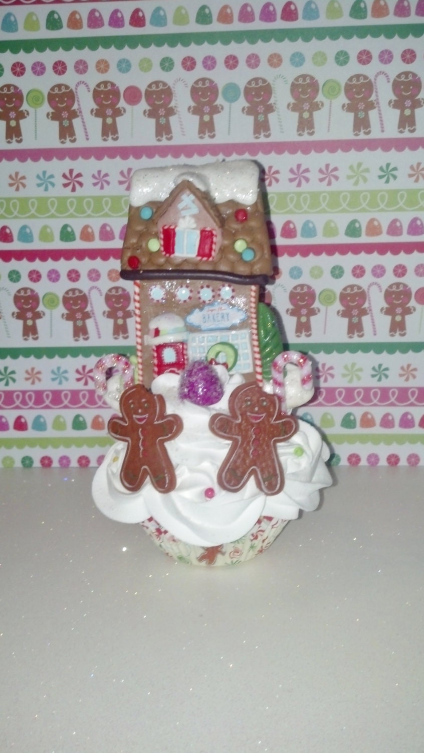 Sugar Plum Bakery Gingerbread House Fake Cupcake Photo Prop, Tree Ornaments, Gingerbread Man, Gumdrops, Festive Christmas Decorations
