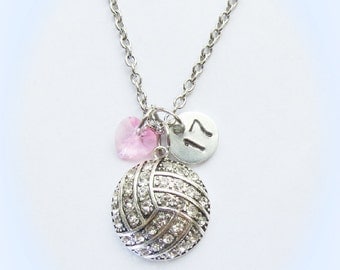 Personalized Volleyball Necklace with Number or Initial Charm Light Rose Pink Crystal Heart